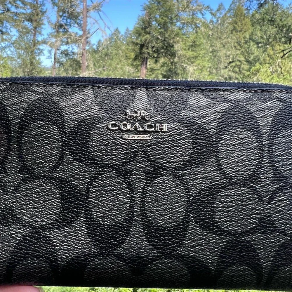 COACH Long Zip-Around Wallet Signature Metallic Black/Gray with Silver Hardware